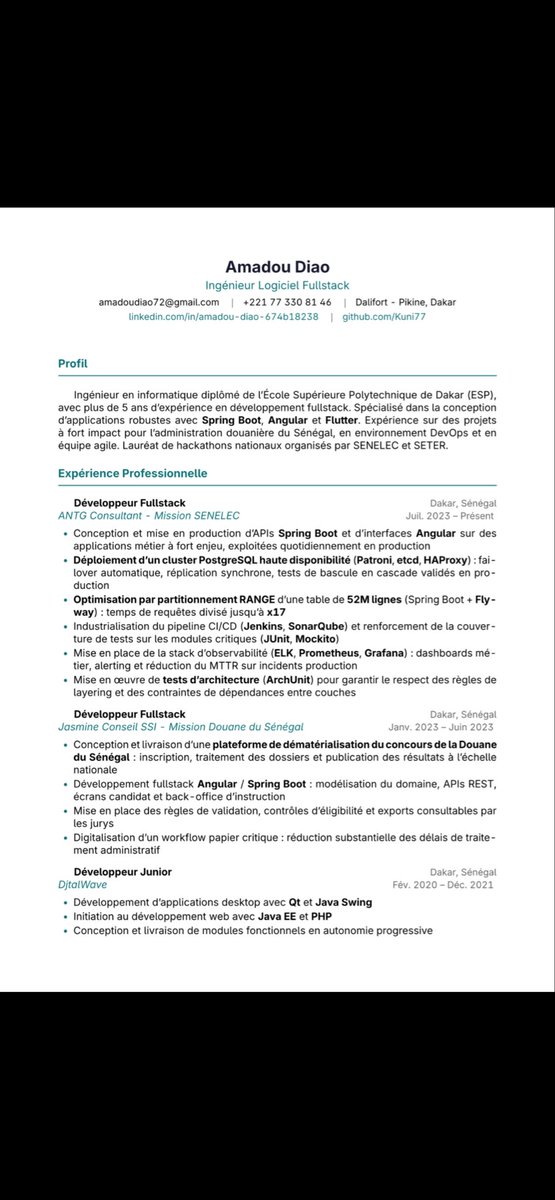 itkuni77's tweet image. Ouvert aux opportunités ! 
Ingénieur Fullstack Java/Spring Boot basé à Dakar | 5 ans d'exp | Projets Douane SN &amp;amp; Senelec | 2e Hackathon SENELEC 2025. DM ouvert ! 

#Java #SpringBoot #Dakar