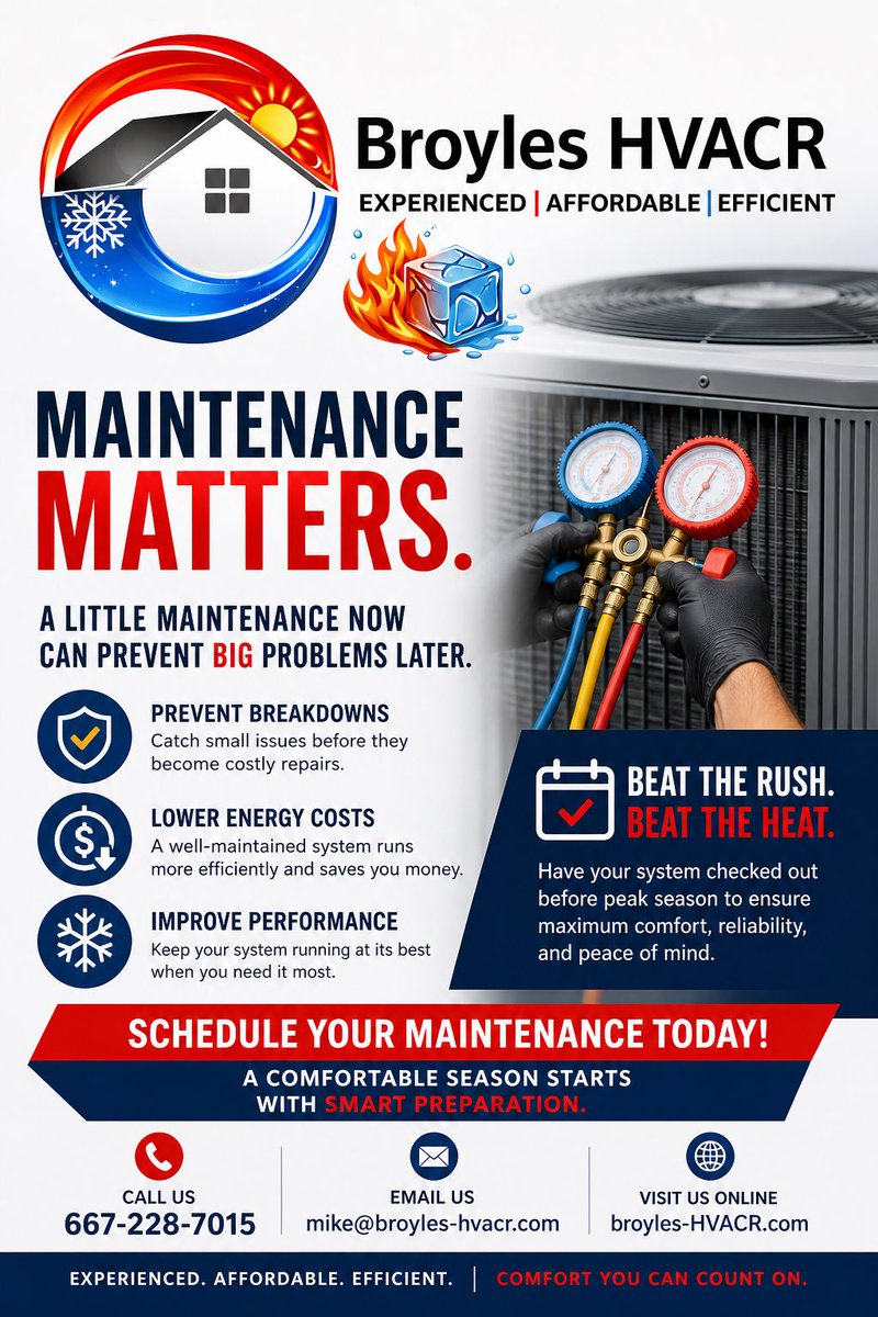 Broyleshvacrllc's tweet image. HVAC maintenance is very important to ensure your system performs at its best during peak season. Regular upkeep helps keep your HVAC running smoothly and efficiently. #HVACMaintenance #PeakPerformance #HVACSystem #HomeComfort