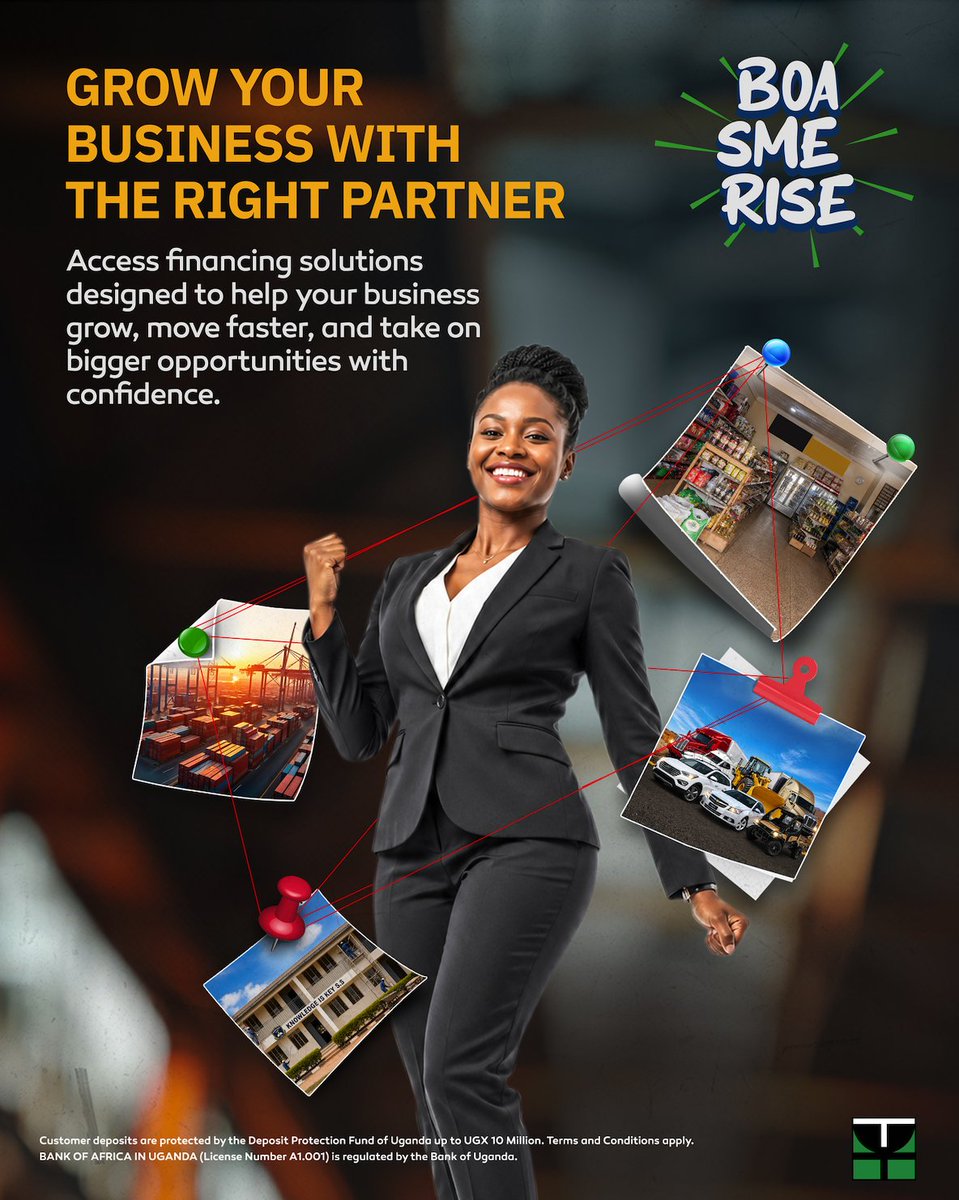 BankOfAfrica_Ug's tweet photo. Every business has a next level. With the right financial partner, you can move faster, grow with confidence, and unlock bigger opportunities than ever before.

Our SME solutions are designed to support your journey at every stage, whether you're expanding operations, stocking up, investing in equipment, or scaling into new markets.

Take the next step with confidence.  Call us today on 0800 100 140