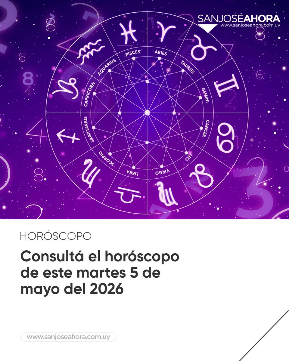 sanjoseahora's tweet image. 🌠 Las predicciones del horóscopo del martes 5 de mayo del 2026 de todos los signos del zodiaco.

Leé tu horóscopo aquí 🔗 sanjoseahora.com.uy/url/1nlv5

#Horóscopo #Astros #Amor #Dinero #Salud #Zodiaco #SanJoséAhora #Noticias #Información #SanJose #Uruguay