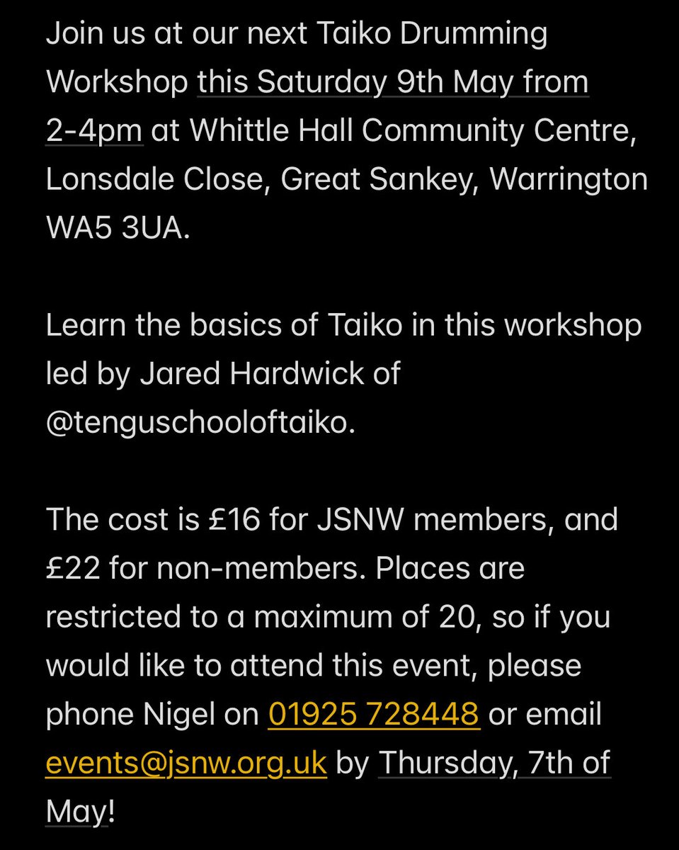 JapanSocietyNW's tweet photo. Taiko Drumming Workshop, 9th of May, 2-4pm in Warrington. Info below ⬇️

@TenguTaikoSkool @GBSasakawa 
#jsnw #japansocietynw https://t.co/iYy9L13I5h
