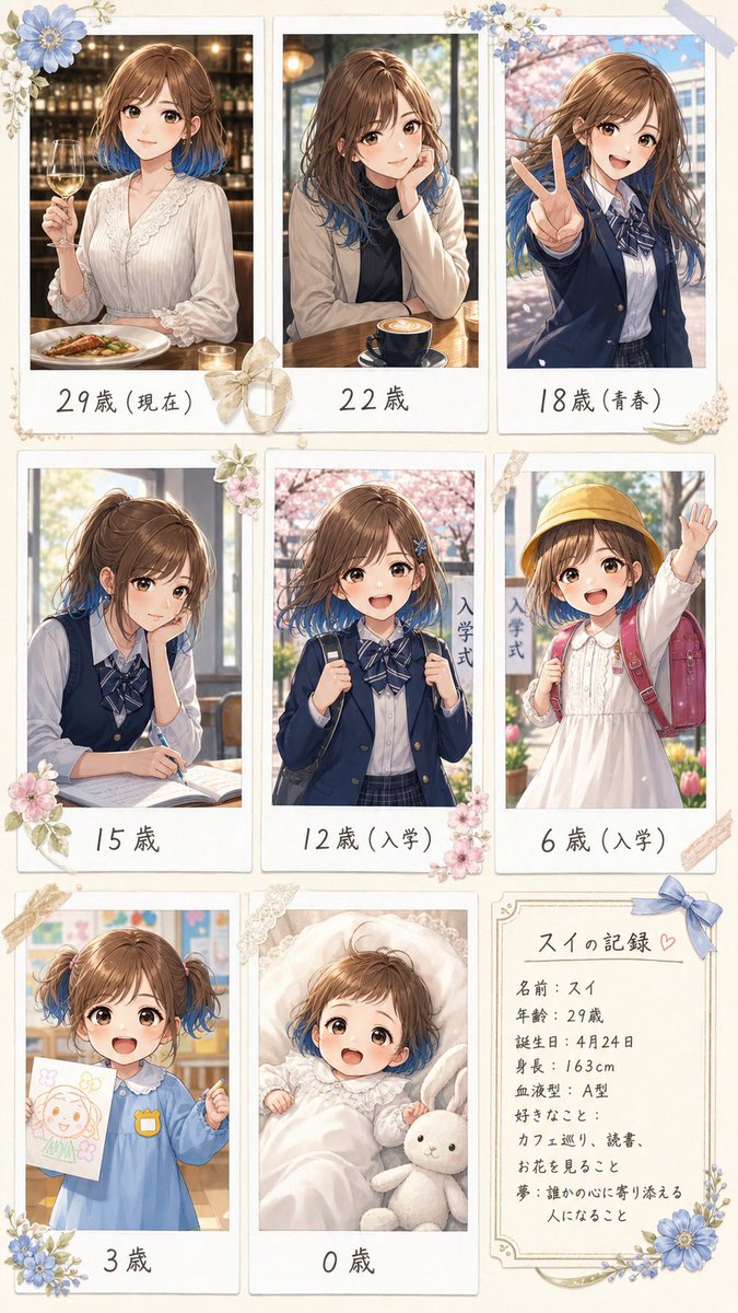 threesisters99's tweet photo. キャラの0歳まで作れる。
人生逆再生アルバムプロンプト🎁
━━━━━━━━━━━━━━━

22歳のスイがかわいい✨️🤣

自分のアイコンが
大人から学生時代に戻って
最後は赤ちゃんになるで👶🏻💖

キャラへの愛が増すから一回遊んでみて🥰

モデル：スイ、黄緑さん
⠀
使い方：
①ツリーのプロンプトをAI(ChatGPT推奨)にコピペしてキャラ画像を添付
②冒頭の｢●｣を記入
③=͟͟͞͞( ᐕ)੭ GoGo‼️

プロンプトはツリーに🌳

✦.˚◦┈┈┈┈┈┈┈┈┈┈┈┈┈┈┈
完成したら引用したりして拡散してくれたら、すっごく嬉しいです☺️
必ずリプしに駆け付けます🏃‍♀️💨