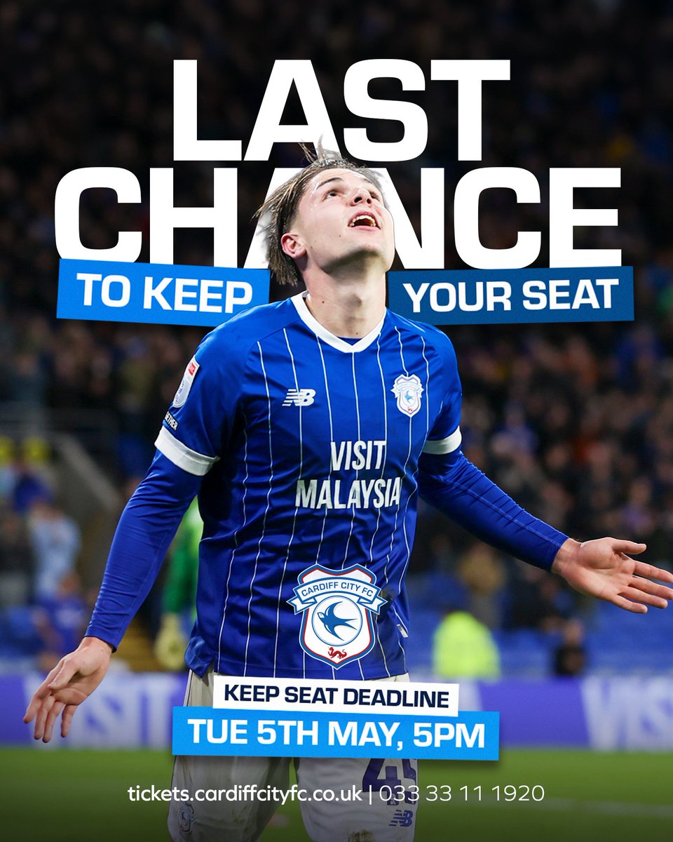 CardiffCityFC's tweet photo. Don't miss the chance to keep your seat at CCS! Renew your Season Ticket before 5pm today 🚨

💻 https://t.co/6qrldFlVn6
📞 0333 311 1920
ℹ️ https://t.co/FOW3prwUWW

#CityAsOne https://t.co/KuXoNEUDP1