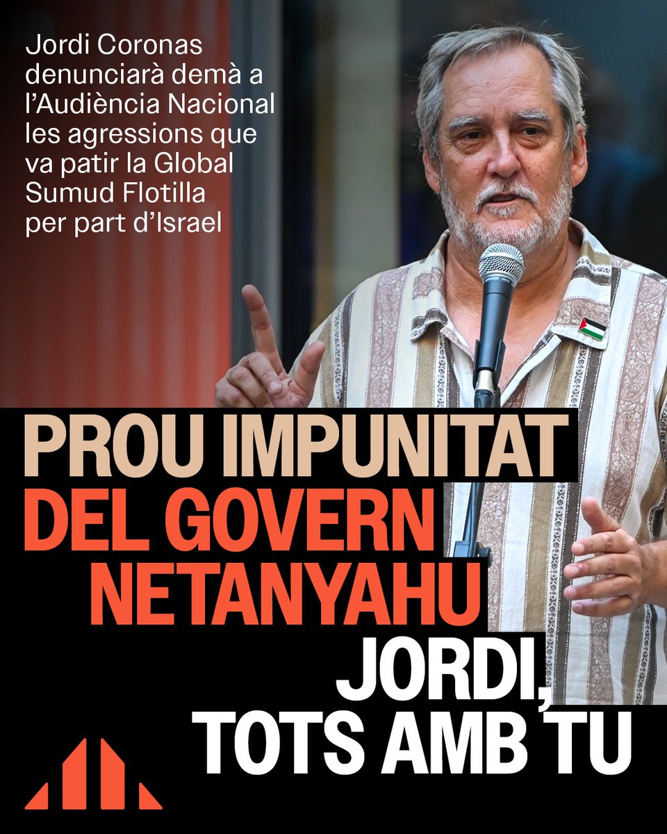 Jordi Coronas denunciarà demà a l'Audiència Nacional les agressions que va patir la Global Sumud Flotilla per part d'Israel. Prou impunitat del govern Netanyahu. Jordi, tots amb tu. ✊