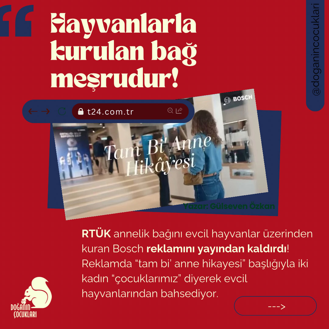 cocularidoganin's tweet photo. Hayvanlarla kurulan bağ meşrudur!

RTÜK annelik bağını evcil hayvanlar üzerinden kuran Bosch reklamını yayından kaldırdı!

Reklamda “tam bi’ anne hikayesi” başlığıyla iki kadın“çocuklarımız” diyerek evcil hayvanlarından bahsediyor. https://t.co/ys9IX1pdZd