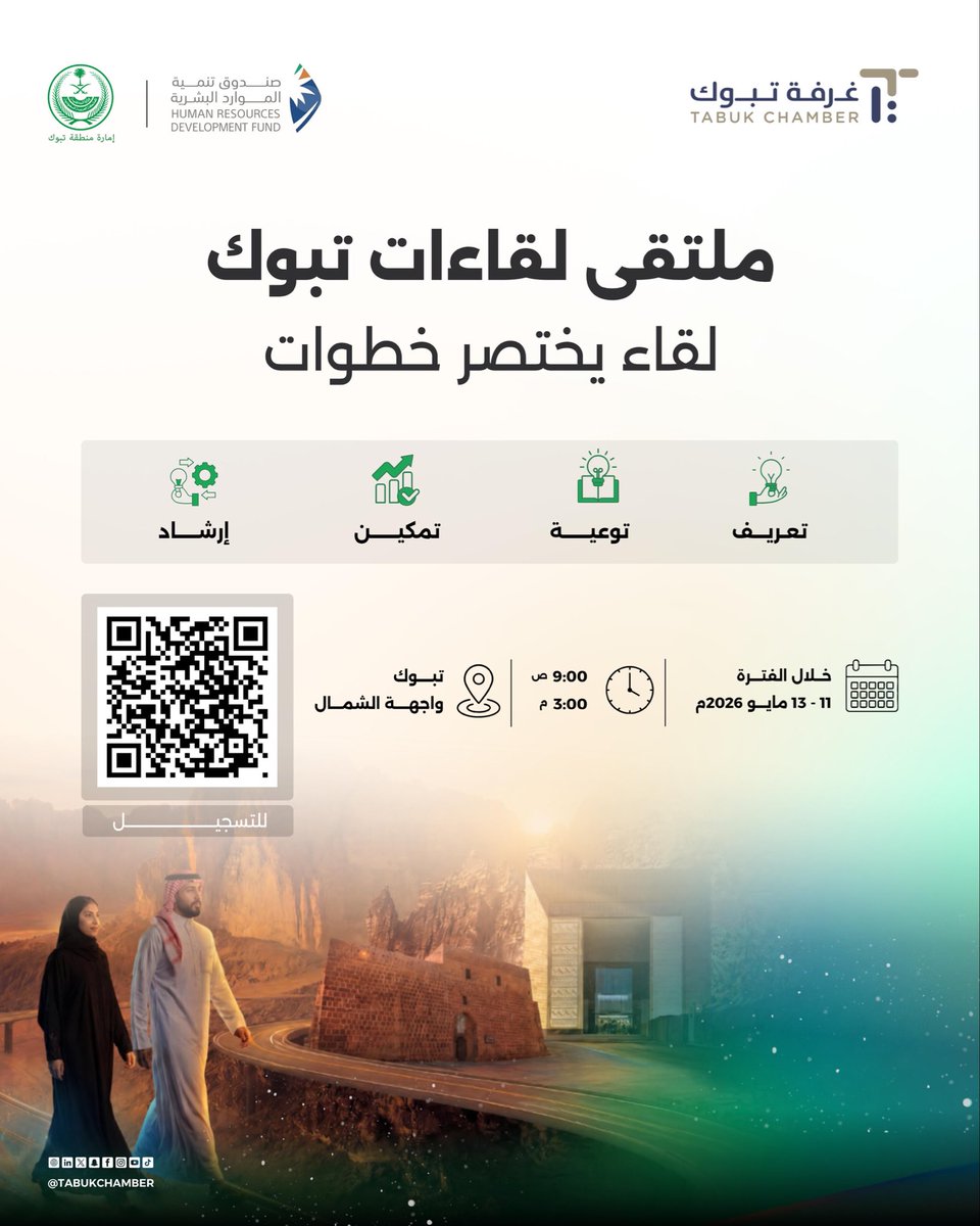 #دعوة

برعاية كريمة من صاحب السمو الملكي الأمير فهد بن سلطان بن عبدالعزيز أمير #منطقة_تبوك 
يسر #غرفة_تبوك بالتعاون مع #صندوق_تنمية_الموارد_البشرية دعوتكم للتسجيل وحضور ملتقى #لقاءات_تبوك ،
#لقاء_يختصر_خطوات

🗓خلال الفترة 11- 13 مايو 2026م
⏰9:00 صباحاً إلى 3:00 مساءً.
📍 تبوك -