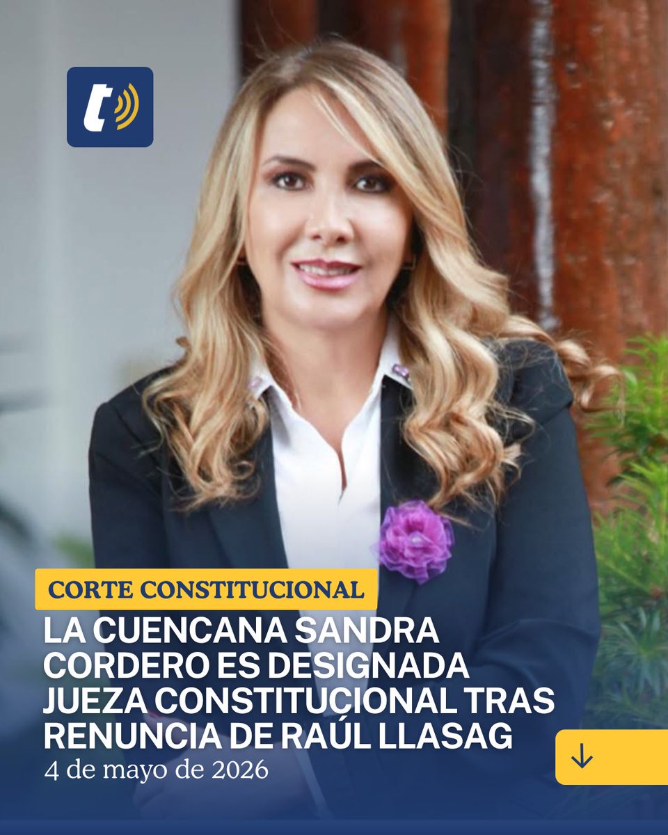 tomebamba's tweet photo. La cuencana Sandra Cordero Gárate fue nombrada jueza de la Corte Constitucional del Ecuador, tras la renuncia de Raúl Llasag Fernández, aceptada por el Pleno este 4 de mayo de 2026.

La decisión se adoptó con base en la normativa vigente y fue comunicada por el presidente del organismo, Jhoel Escudero Soliz, quien notificó a la jueza elegible para su incorporación.

Cordero Gárate, quien se desempeña como jueza en la Corte Provincial de Justicia del Azuay, formalizó su aceptación al cargo, condicionada a la concesión de una licencia sin remuneración por parte del Consejo de la Judicatura.

En su pronunciamiento, la magistrada expresó su compromiso con la defensa de la Constitución y el Estado de derecho, mientras que el juez saliente continuará en funciones hasta que se concrete la posesión oficial de su reemplazo.

#SandraCordero #CorteConstitucional #Cuenca