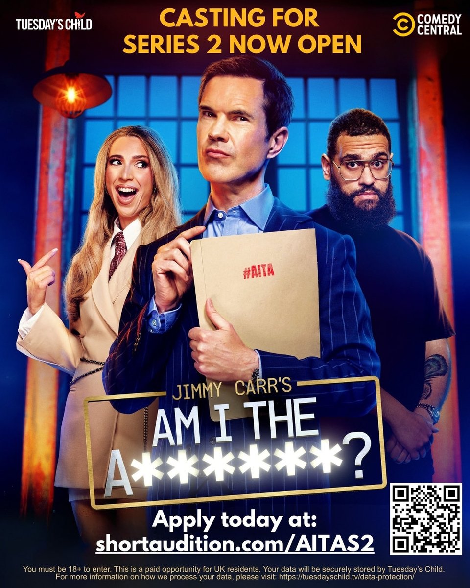 paigetvcasting's tweet photo. Jimmy Carr’s Am I The A**hole? is BACK on @comedycentraluk Are you an A**hole? Does someone think you’re an A**hole? Are they the A**hole? To find out fill out the application form ASAP:
https://t.co/hoMKP6SDdC
#tvcasting #amitheasshole #Casting #AITA #comedycentral https://t.co/GjaDwlzL6M