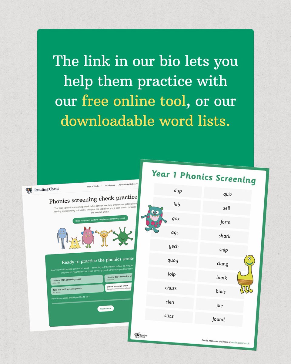 readingchest's tweet photo. Does your child have the Year 1 phonics screening check coming up? Here's everything you need to know 👇

And don't worry — we free practice tool and downloadable word lists to help them feel confident before the big day: https://t.co/ZZk7m9361U https://t.co/aeMdmJ4xfP