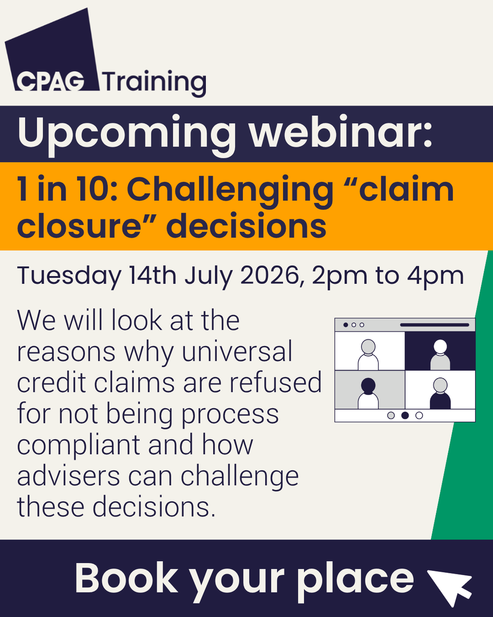 CPAGUK's tweet photo. Join us on our next webinar in July where we'll cover challenging "claim closure" decisions .

Find out more and book your place today: https://t.co/WfLZ3I1o00 https://t.co/CbCrboByIP