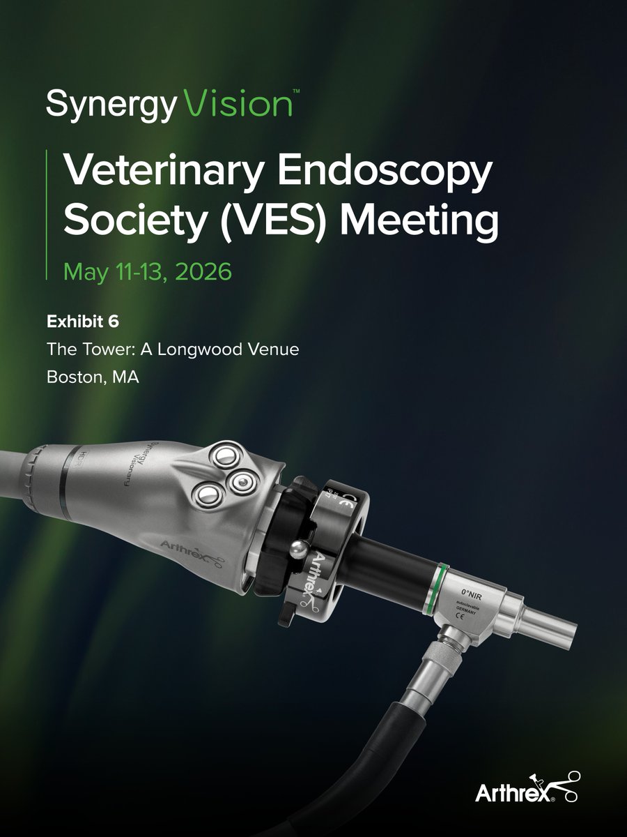 ArthrexVet's tweet photo. Join Arthrex Vet Systems at the Veterinary Endoscopy Society (VES) 2026 Annual Meeting in Boston, Massachusetts. Stop by Exhibit 6 to see how the Synergy Vision™ system and NanoNeedle™ scope 2.0 bring clarity, efficiency, and innovation to veterinary endoscopy.

Learn more about the Synergy Vision system: https://t.co/3VUz8b8nQU