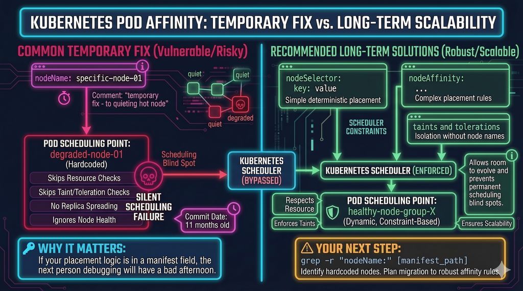 Umbra_Codex's tweet image. `nodeName` doesn't fail loudly. It leaves a scheduling blind spot — no taint enforcement, no resource checks, no health awareness — on every restart. Found one in a review with an 11-month-old "temporary fix" comment above it. Use `nodeAffinity`.

#DevOps #Kubernetes  #K8s