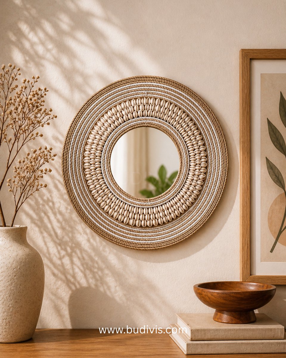 budivis's tweet photo. Handcrafted round wall mirror with raffia, rope, and cowrie shells. Clean natural texture for timeless interior styling. 🌿
#WallMirror #NaturalDecor #ShellDecor #BaliHandmade https://t.co/Ohu8ILMLYq
