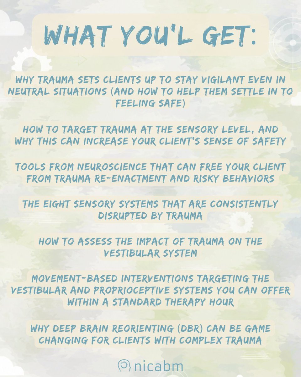 nicabm's tweet image. Some clients stay on high alert,

Even when there is no danger present.

Learn how to help them settle into a felt sense of safety from Ruth Lanius, MD, PhD in Rewiring Trauma through the Senses.

Sign up today for 50% off! nicabm.com/program/a3-sen… 

#therapy #nicabm #psychology