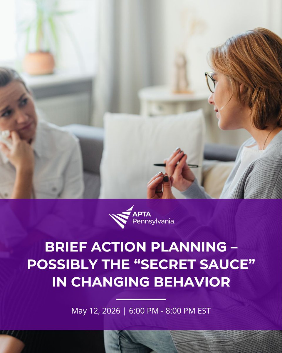APTA_PA's tweet photo. Join the Southwest District, Acute Care SIG, and Geriatric SIG on May 12 to explore Brief Action Planning (BAP).
🕕 6:00–8:00 PM
📍 Hybrid: Chatham University Eastside Campus (Room 290) + Virtual option
Learn more: https://t.co/ALDFlopv4H https://t.co/O3CD9ArEBQ