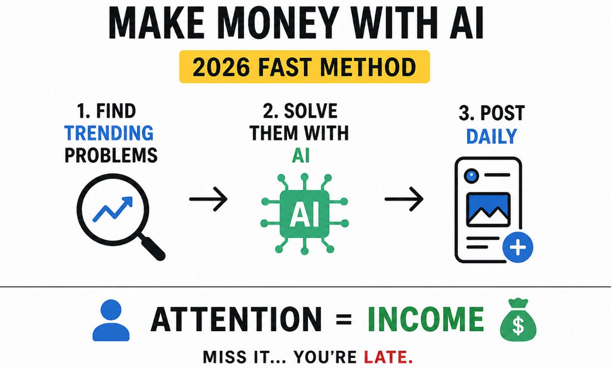 snigdha0oo's tweet image. AI is everywhere right now…
But here’s what nobody’s telling you 👇
The fastest way to make money with AI in 2026:
→ Find trending problems→ Solve them with AI→ Post daily

Attention = income.
Miss it… you’re late.

#AItrend #makemoneyonline