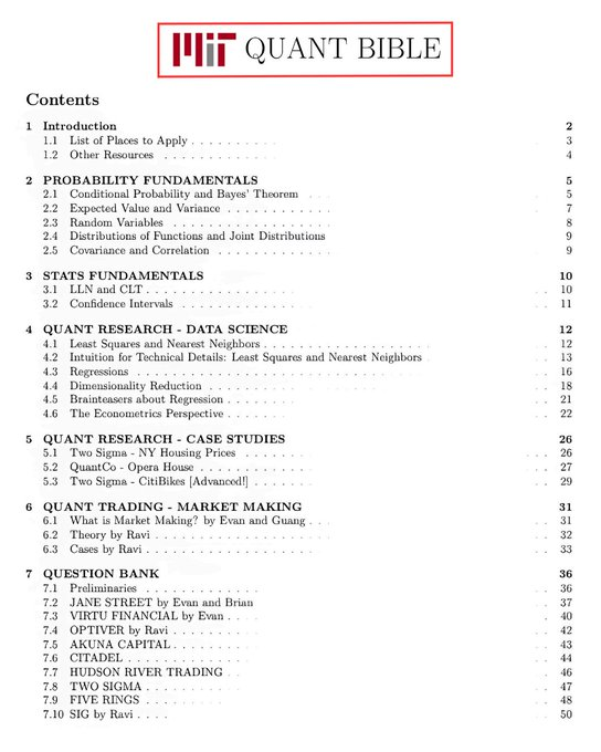 cyrilXBT's tweet photo. MIT JUST LEAKED THE EXACT DOCUMENT WALL STREET QUANT FIRMS USE TO HIRE PEOPLE.

It is called the MIT Quant Bible.

And it covers everything the $500,000 a year quants actually know that you do not.

Here is what is inside:

Probability fundamentals. Conditional probability, Bayes theorem, expected value, variance, joint distributions. The mathematical foundation every trading decision at Jane Street and Citadel is built on.

Stats fundamentals. The Law of Large Numbers. Central Limit Theorem. Confidence intervals. The tools quants use to know when a signal is real and when it is noise.

Quant research and data science. Least squares, regressions, dimensionality reduction. Real case studies from Two Sigma, QuantCo, and CitiBikes.

Quant trading and market making. What market making actually is and how the theory translates into real trading decisions.

And then the part that makes this document worth more than most finance degrees.

A question bank with real interview questions from Jane Street, Virtu Financial, Optiver, Akuna Capital, Citadel, Hudson River Trading, Two Sigma, Five Rings, and SIG.

Not prep questions.

The actual questions these firms ask.

With answers.

The firms charging $50,000 a year for access to this type of preparation are not going to be happy this exists.

Bookmark this before it disappears.

Follow @cyrilXBT for every elite resource that gives you access to what the top 1% actually know.