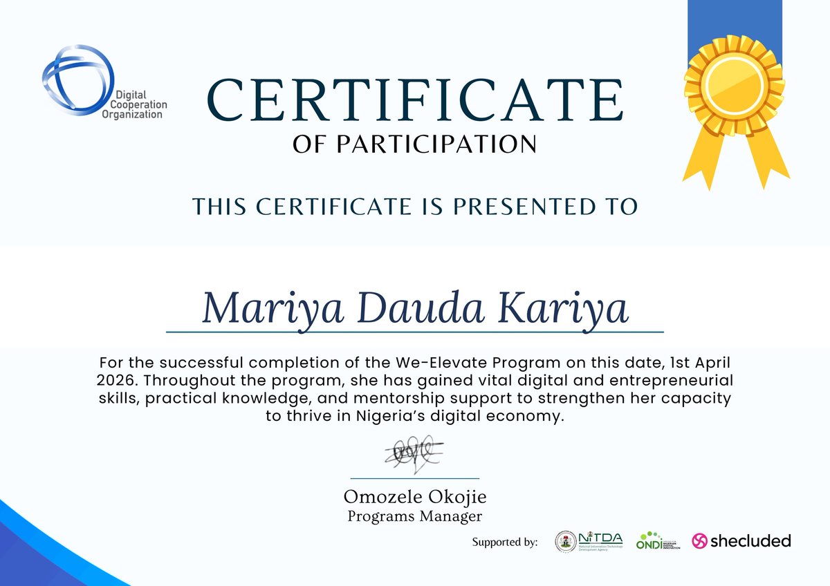 Plastics4Pads's tweet photo. We are proud to celebrate our CEO, Mariya Dauda Kariya, on successfully completing the We-Elevate Program by the #DigitalCooperationOrganization, with support from NITDA Nigeria, #ONDI, and #Shecluded.
#Plastics4Pads #WomenInLeadership #SocialImpact #YouthEmpowerment https://t.co/HXpyYR4ldc