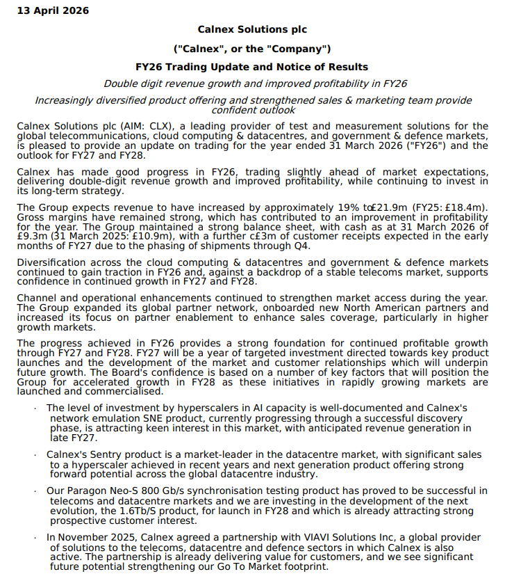 nitininvests's tweet photo. Over the last several weeks, the market has started realizing the sheer importance of testing and validation companies within the AI and semiconductor supply chains.  Over the past few days, I have been adding a some small-cap, pure-play exposure to this theme and initiated a position in Calnex Solutions $CLX.L. Please keep in mind that as a smaller cap, this stock will be volatile. But the fundamental setup here is incredibly asymmetric, and I believe the market is drastically mispricing their operating leverage inherent in their business model.

The Viavi/Spirent Read-Through & Growth Inflection:

Calnex is deeply integrated with $VIAV, as VIAVI white-labels Calnex's products. Historically, Calnex worked closely with Spirent (which made up nearly 70% of Calnex's business). When Keysight announced its acquisition of Spirent, Calnex was effectively boxed out and had to aggressively pivot to diversify its client base.

However, VIAVI recently closed the acquisition for Spirent's high-speed Ethernet and channel-emulation test lines (divested as part of the Keysight deal). This brought the Spirent division and its partnership back to VIAVI, meaning Calnex got their most critical partner back in November 2025.

VIAVI has been posting blockbuster numbers recently, which acts as a massive read-through for Calnex. Back in November, Calnex guided for low single-digit revenue growth for the upcoming years on their H1 earnings call but on their latest Spring 2026 trading update they are going to do 19% revenue growth with highly robust margins and profitability.

Multi-Theme Ecosystem & The Road to 1.6T: Just as VIAVI launched 1.6T test systems specifically for AI workloads, Calnex has their own 1.6G (1.6T) product launching next year.

Top-Tier Partnerships: Calnex's ecosystem includes titans like Nokia, NVIDIA, and Arista. As Nokia and NVIDIA scale their new AI-RAN and digital twin cloud environments, Calnex's emulation tools are critical for validating interoperability and performance.

Compounding High-Margin Revenue: Warranty and support revenues are scaling alongside their booming data center hardware business, layering on highly profitable, recurring cash flow.

Financials & Valuation: There is tremendous operating leverage embedded in this business model. My model currently puts them at a shockingly low ~5.5x EV/EBITDA based on the latest profitability updates.

Furthermore, the balance sheet is strong As of March 31, 2026, Calnex held £9.3m in cash, with absolutely zero debt. Additionally, due to the phasing of shipments through Q4, there is a further £3m in customer receipts expected to land in the early months of FY27.

Finally, the founder and CEO has deep skin in the game, owning 20% of the company.

TLDR
Calnex ($CLX.L) is a highly profitable, zero-debt network testing play trading at roughly 5.5 EV/EBITDA. They are deeply tethered to VIAVI's explosive AI datacenter growth. After guiding for low single digits, they are now tracking for 19% growth. They just released a breakthrough 400G AI validation tool, are getting repeat hyperscaler orders, and have 1.6T solutions coming in 2027.