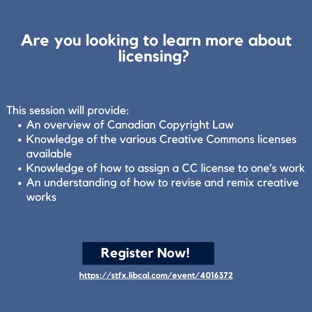 stfxlibrary's tweet photo. Are you looking to learn more about licenses? 

Register now for the Research Skills Boot Camp session "Open Licensing for Everyone: Demystifying Creative Commons Licenses" on May 13, 10am-11am!

Register now at https://t.co/T7AsMz0EdL 

#StFX #StFXUniversity #researchbootcamp https://t.co/trs5dFVfDF