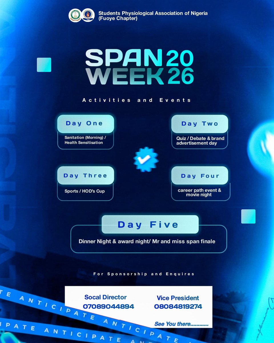 SpanFuoye's tweet photo. SPAN Week 2026 💙🔥
5 days of vibes, impact &amp; unforgettable moments!
Don’t miss it 👀✨
#SPANWeek2026 #FUOYE https://t.co/M3OcKtV8gE