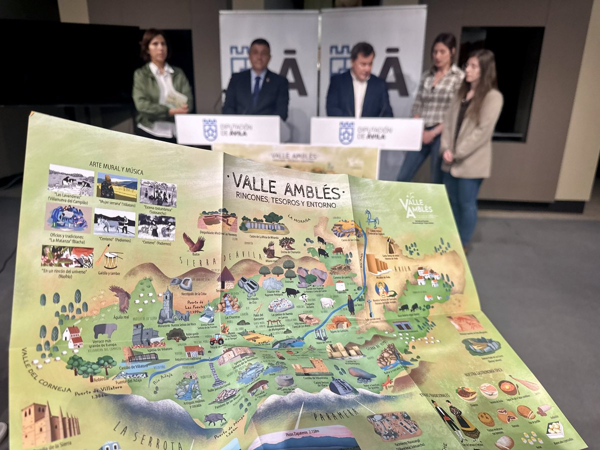 dipuavila's tweet photo. La Asociación ‘A tu Valle Amblés’ ha presentado su mapa ilustrado de esa zona de #Ávila tan singular.
Una iniciativa para construir “orgullo de comarca” con la que la Diputación está encantada de colaborar.
El diseño y los dibujos, inconfundibles, de Kasandra.
#HaciendoProvincia https://t.co/veVjtqgJF7