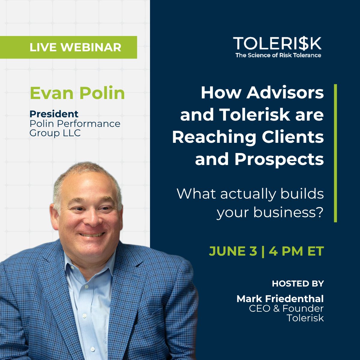Tolerisk's tweet photo. "Evan Polin doesn't talk about networking in theory. He's been doing it, teaching it, and refining it for years.

This month, he's joining Mark Friedenthal for a live conversation.

Register here: https://t.co/R6yTknAWPc" https://t.co/5ls0DQUtRL