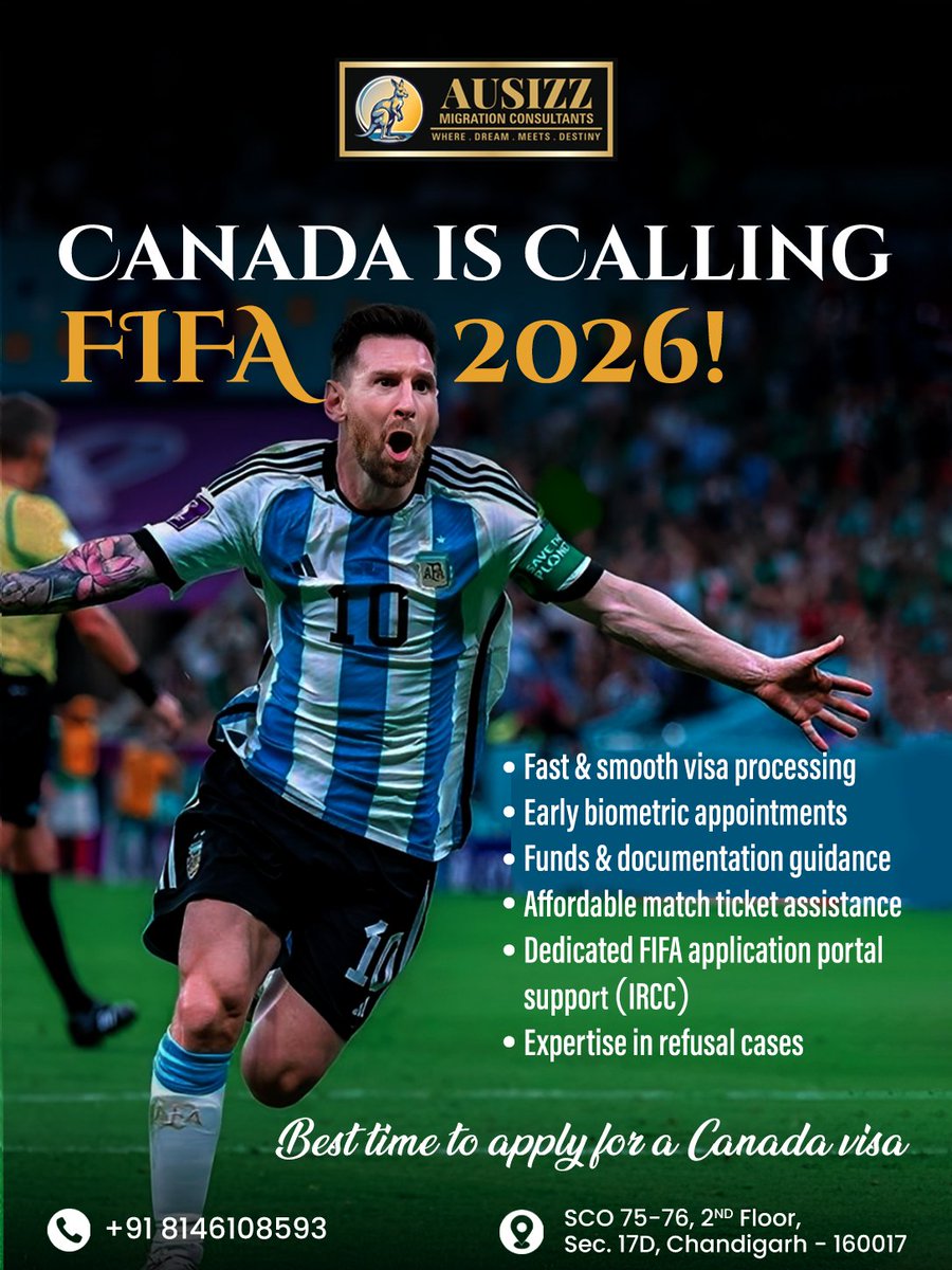 Ausizzmigration's tweet photo. ⚽ Canada is calling for FIFA 2026! 🇨🇦

Get your visa processed fast with Ausizz Migration Consultants.

Apply early &amp; travel stress-free!

📞 81461 08593
🌐 https://t.co/rFu7t8jZrw

#FIFA2026 #CanadaVisa #TravelGoals #ApplyNow https://t.co/n77zoAedCy