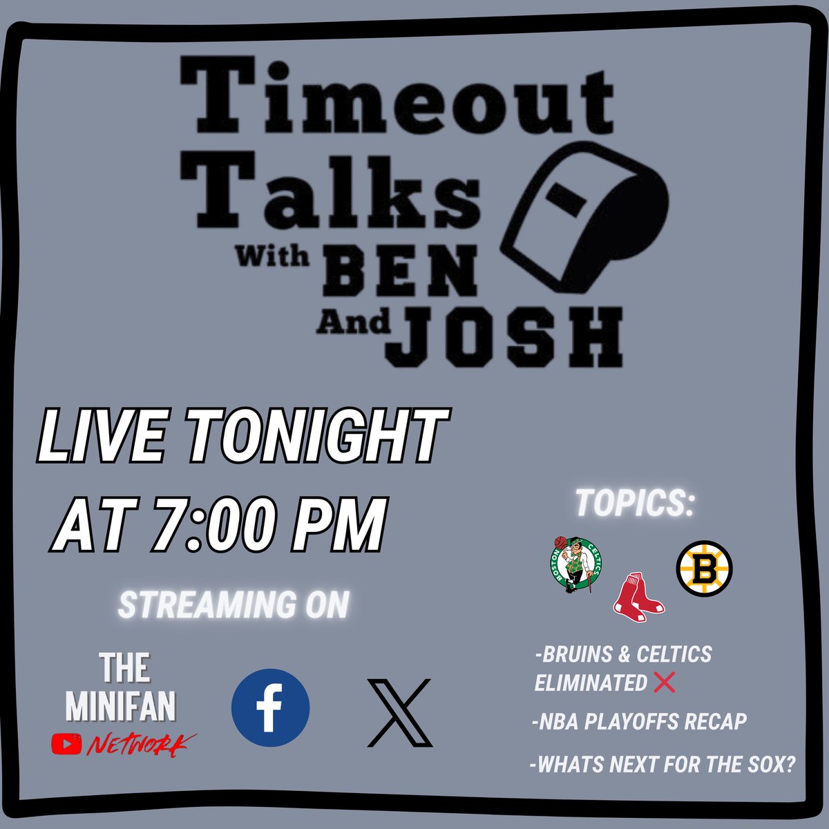 Timeouttalks's tweet photo. Back tonight for plenty of Boston sports talk 
Bruins and Celtics eliminated, what’s next for the Red Sox, your comments, and more—join the conversation! 🏀🏒 https://t.co/Lq4DBQisMI