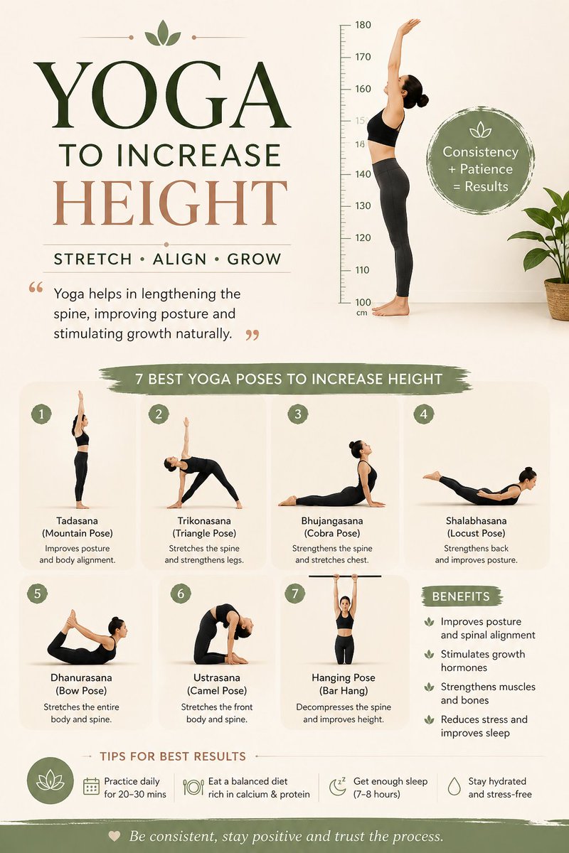 7pranayama's tweet image. Want to stand taller naturally? 🧘‍♀️

These 7 powerful yoga poses can help improve posture, strengthen your spine, and support natural height growth over time.

✨ Better posture
✨ Spinal alignment
✨ Flexibility &amp;amp; strength
Consistency + patience = results.
#Yoga #IncreaseHeight