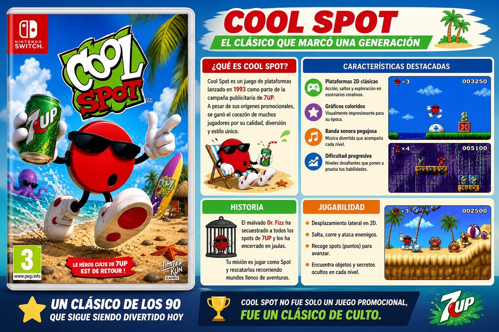 furiusVega's tweet image. Recuerdo que era un buen juego que pese a ser publicitario tenía una increíble calidad técnica y una jugabilidad muy buena.

¿Lo jugasteis?

Una conversión en Switch no estaría nada mal.

#Coolspot #SuperNintendo #Nintendo #VideojuegosRetro