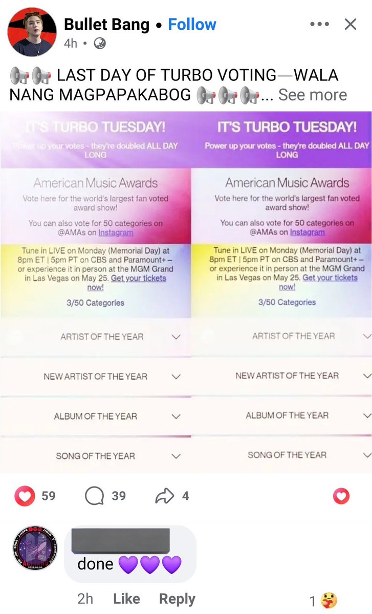 this is reaching many ppl, i’m not accepting fb armys slander here, ah? cause this is literally my tl, full of active/monster voters. i guess it has something to do with ur algorithm too. and if ure not even on fb, u won’t really know how dedicated they are. 🥹