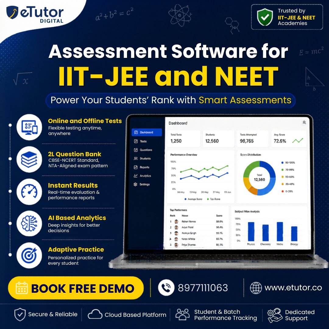 eTutorco's tweet photo. Managing assessments manually is outdated. Upgrade to smart Assessment Software for IIT-JEE &amp; NEET.

1. Online &amp; Offline Tests
2. 2L+ Question Bank
3. Instant Results
4. AI Analytics &amp; Adaptive Practice

Visit at: https://t.co/K93YwJIUeI

#IITJEE #NEET #AssessmentSoftware https://t.co/Kd5n5tVt9s