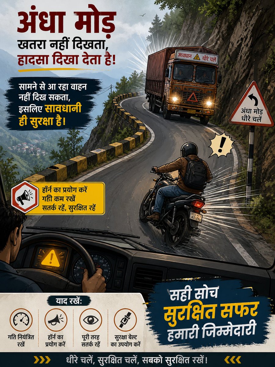 Sadaksuraksha20's tweet image. अंधा मोड़ पर रफ्तार नहीं, सतर्कता ज़रूरी है एक छोटी सी गलती बड़ी दुर्घटना बन सकती है। 🫣

#RoadSafety #AndhaMod #DriveSafe #StayAlert