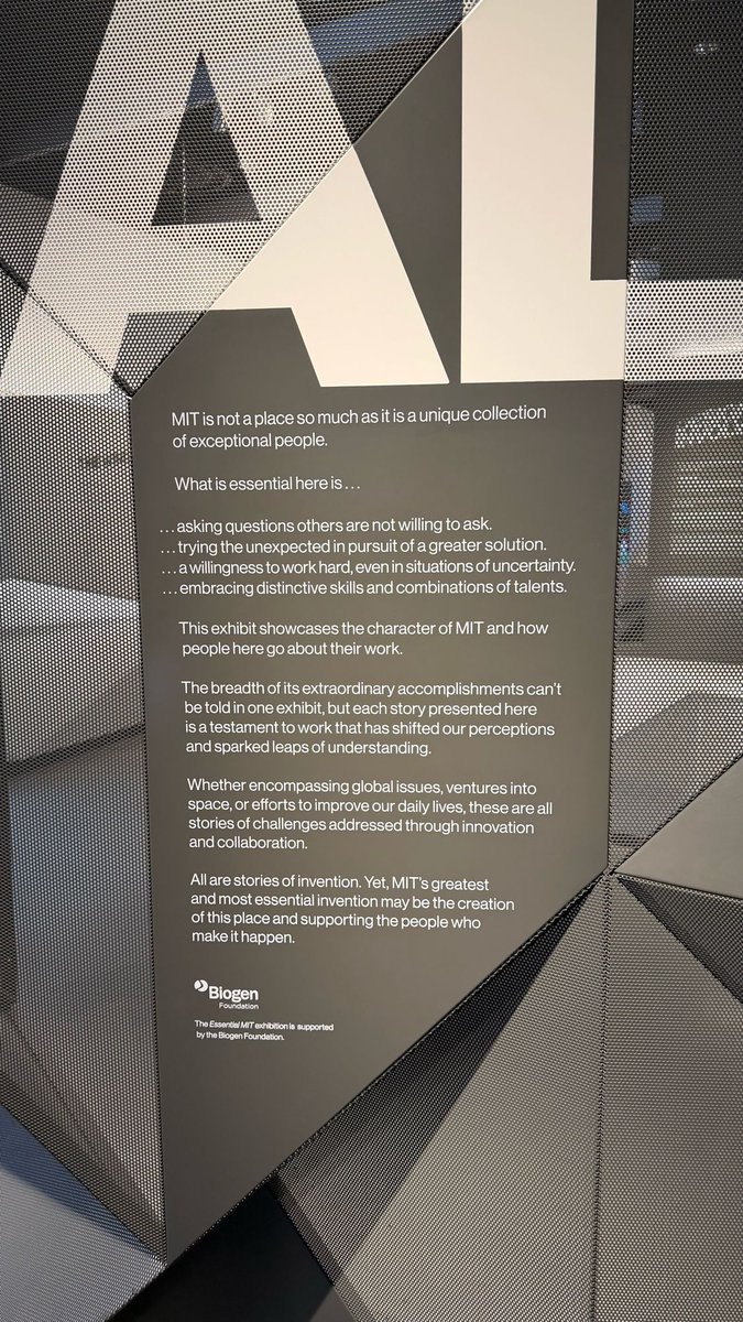 thatsFrScience's tweet photo. I went to the MIT museum this weekend and I loved those 4 essentials. 

1. Asking questions others are not willing to ask
2. Trying the unexpected in pursuit of a greater solution 
3. A willingness to work hard, even in situations of uncertainty 
4. Embracing distinctive skills and a combination of talents