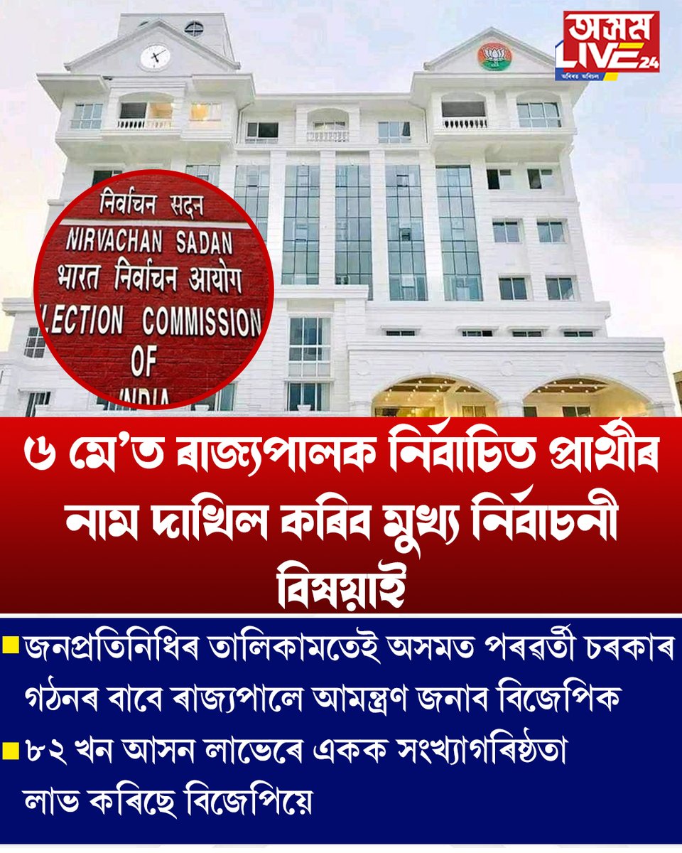 ৬ মে'ত ৰাজ্যপালক নিৰ্বাচিত প্ৰাৰ্থীৰ নাম দাখিল কৰিব মুখ্য নিৰ্বাচনী বিষয়াই
#asomlive24 #axomlive24digital