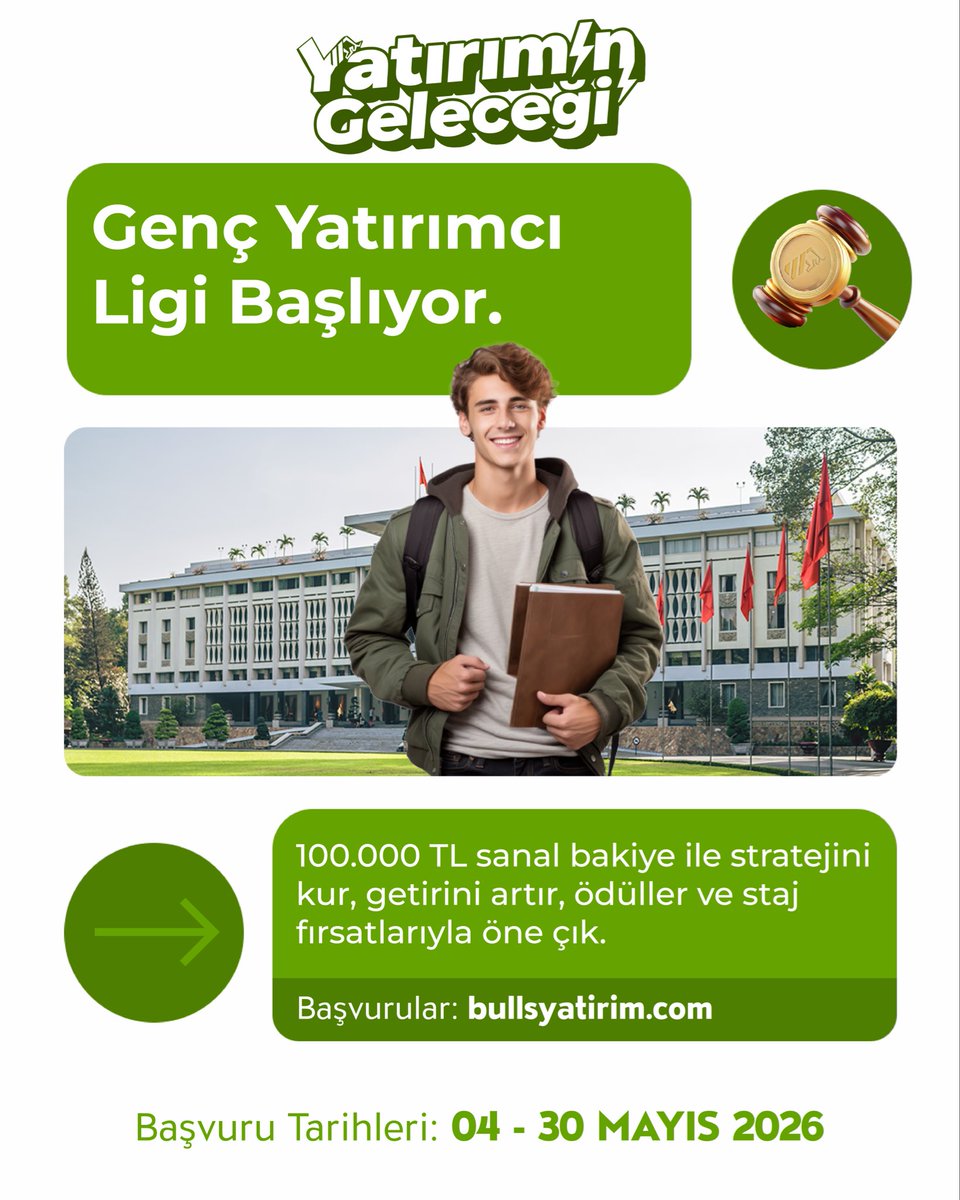 BullsYatirim's tweet photo. Yatırımın Geleceği başlıyor.
Bulls Yatırım Genç Yatırımcı Ligi ile kampüs kapanıyor, seans başlıyor.

Üniversite öğrencilerine özel bu sanal portföy yarışmasında katılımcılar, 100.000 TL sanal bakiye ile gerçek piyasa koşullarında yatırım yaparak portföylerini büyütür.

📅 Başvuru: 04 Mayıs – 30 Mayıs 2026

Yarışma boyunca eğitimler, mentör buluşmaları ve sektör profesyonelleriyle gelişim fırsatı sunulur. En yüksek getiriyi elde edenler finale kalır ve ödüllerin sahibi olur.

👉 Başvurular ve detaylı bilgi için: https://t.co/ubt8xwkoRb