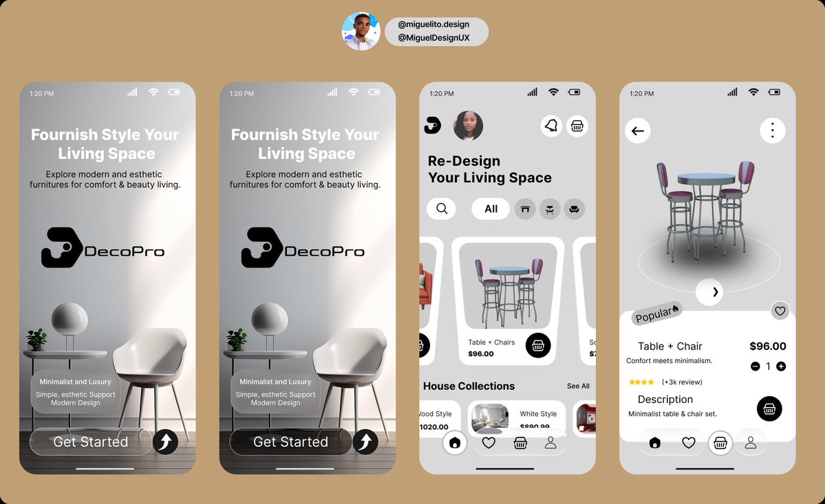 MiguelDesignUX's tweet image. Mobile app for home design.
DECOPRO is an application for find furnitures for design or re-design your living Space in your mood. 
App is build with minimalism + Gray background + Glassmorphism CTA. #mobileapp #design #uiux #glassmorphism #minimalism #figma