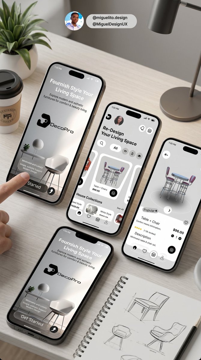 MiguelDesignUX's tweet image. Mobile app for home design.
DECOPRO is an application for find furnitures for design or re-design your living Space in your mood. 
App is build with minimalism + Gray background + Glassmorphism CTA. #mobileapp #design #uiux #glassmorphism #minimalism #figma