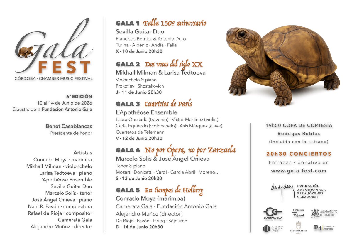GALAFEST1's tweet photo. Presentamos la 6ª edición del GALA FEST
Del 10 al 14 de junio
Claustro de la Fundación Antonio Gala

Ya puedes consultar la programación del Gala Fest 2026 y adquirir las entradas para los conciertos que tendrán lugar entre el 10 y el 14 de junio en la Fundación Antonio Gala https://t.co/GvV30kYwdF