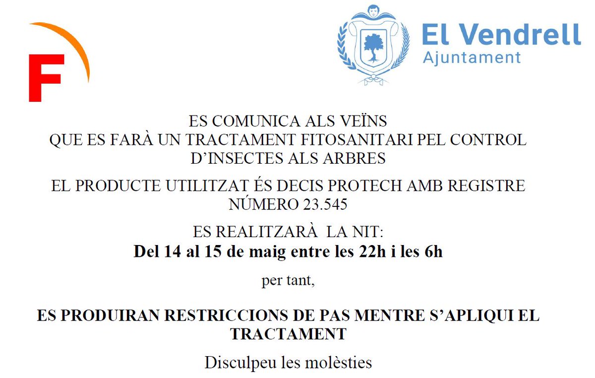 elvendrell_cat's tweet photo. ❗️AVÍS - Tractament fitosanitari

Del 14 al 15 de maig, en diversos espais verds del municipi, es farà  un tractament fitosanitari per al control d'insectes a l'arbrat.

Cal estar atents a les senyalitzacions i a les restriccions de pas. https://t.co/SAE6Y0FW5l