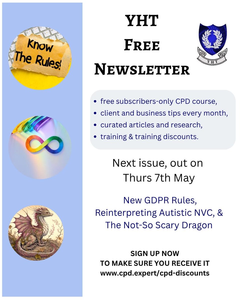 DebbieWaller_'s tweet image. My next newsletter goes out Thursday: New GDPR Rules, Reinterpreting Autistic NVC &amp;amp; The Not-So Scary Friendly Dragon 
Client tips, CPD, research &amp;amp; ideas for your practice.
cpd.expert/cpd-discounts

#TherapistNewsletter #Hypnotherapy #CPD #TherapistLife