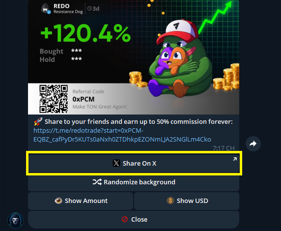 RedoTrade has officially launched the Share on X feature, share your trading results faster and more professionally than ever before.

With just one tap on the "Share PnL" button in the bot, you can:

📊 Post your PnL directly to X

📈 Share clear, visual trading charts
🌐 Grow