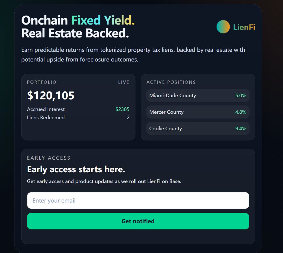 $LFI 5.37M → 10.13M 

0x3722264ab15a1dfce5a5af89e6547f7949a8aba3

I looked into the project and wrote a thread for everyone, share my thoughts(dyor):

Simply put, LienFi is a project that brings property tax liens directly on-chain, falling under the RWA sector

Their business