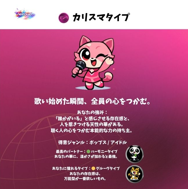 chihiro_magico's tweet photo. やってみた~!
診断に使った音源は、God Helpの歌い出し。
VoiceMind for neiroで「歌い始めた瞬間に全員の心をつかむ」【カリスマ】タイプでした
https://t.co/S3J15Jr7zJ
#neirotype診断 #VoiceMind
https://t.co/SyVHuq0ou0 https://t.co/tNnMGulvjf
