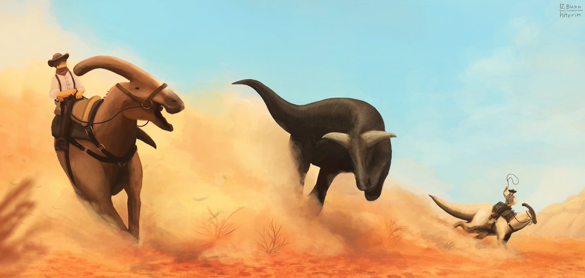 hiroshi33014's tweet image. "Herd a bull🐂"
.
.
An attempt to herd a carnotaurus (Spanish bull) by parasaurolophus (Horse)

#art #digitalart #dinosaur #theropod #carnotaurus #parasaurolophus #ornithopod
