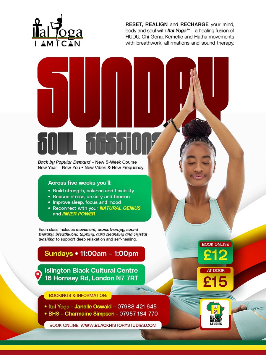 BlkHistStudies's tweet image. Don't miss the Ital Yoga™ Session with International Basu Janelle Oswald on Sunday 24 May 2026 @ 11:00 - 13:00 @ Black Cultural Centre Islington. For more info and to book your place at tinyurl.com/4f3uyrxc #yoga #italyoga #afrikanyoga #blackculturalcentreislington