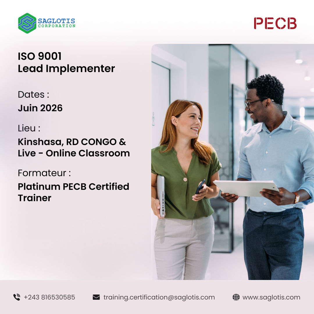 🚀 Lancez votre carrière vers l’excellence avec la certification ISO 9001 Lead Implementer !

SAGLOTIS CORPORATION, en partenariat avec PECB, vous invite à participer à sa formation certifiante ISO 9001 Lead Implementer, prévue en juin 2026.

🎯 Cette formation vous permettra de