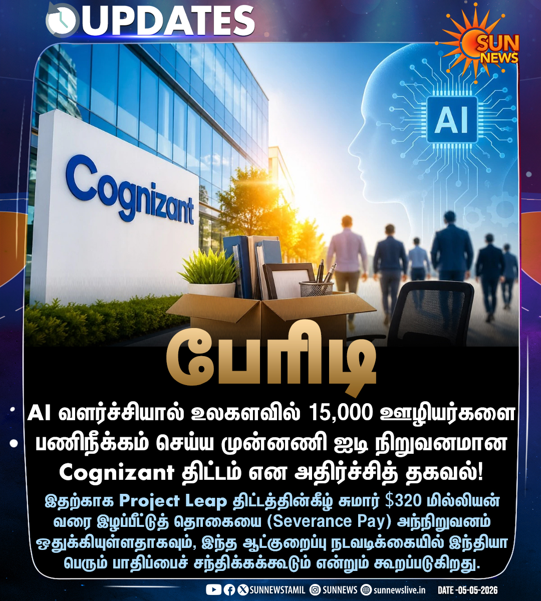 sunnewstamil's tweet image. #NewsUpdate | கொத்துக் கொத்தாக பணிநீக்கம் செய்ய திட்டமிடும் Cognizant!

#SunNews | #Cognizant | #Layoffs