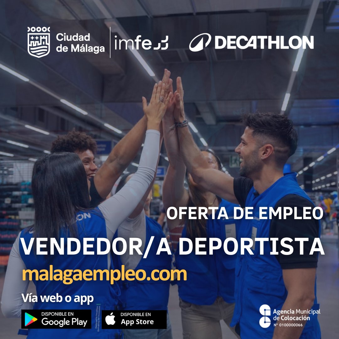 malagaimfe's tweet image. 📢 Ofertas de #trabajo 

🤵🏻‍♀️ ¿Te apasiona el #deporte y la #venta?Seleccionamos 20 puestos de #vendedores para trabajar en @DecathlonEspana en tiendas de #Málaga y #Mijas.
📝 Inscríbete: acortar.link/UcNxZs

#Málaga #MálagaEmpleo #Empleo
@malaga @MalagaJuventud